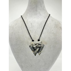 Siyah Zincirli Mermer Desenli Antrasit Doğal Taş Kolye